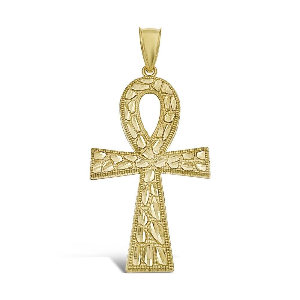 10k Yellow Gold Egyptian Cross Ankh Nugget Pendant Charm 1.8"